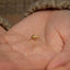 a person holding a tiny gold bird on their palm