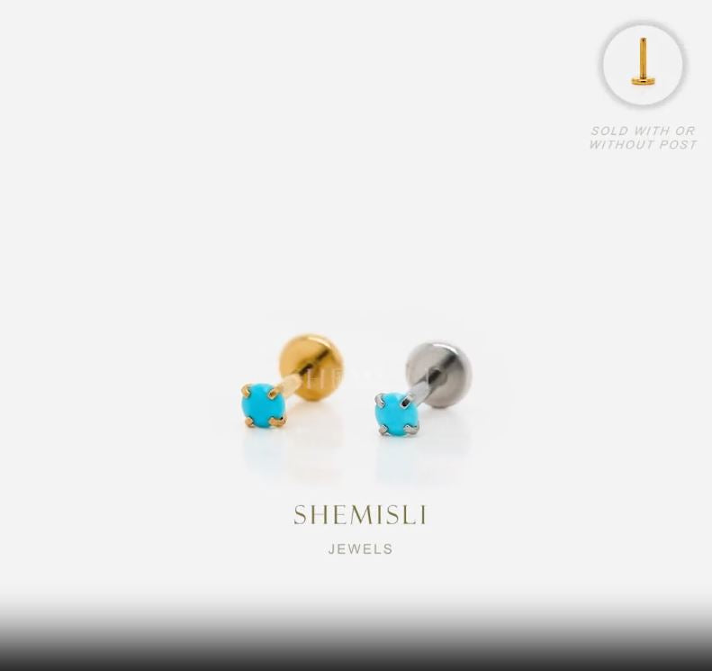 Tiny Turquoise Gold Threadless Flat Back Earrings, Nose Stud, December Birthstone, 20,18,16ga, 5-10mm Surgical Steel SS511 SS512 SS513 SS514